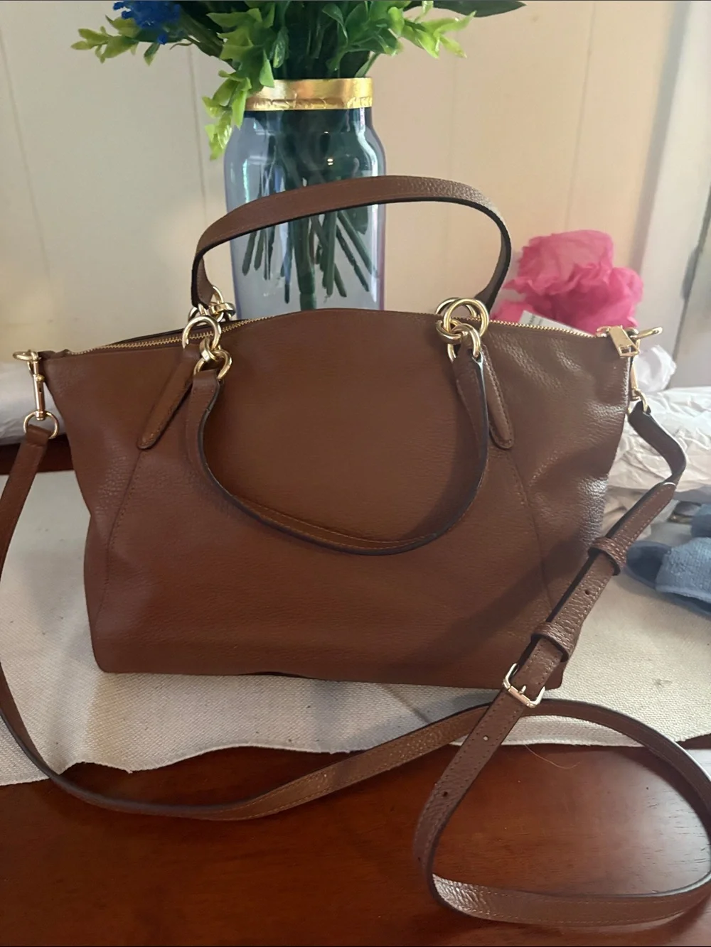 Coach Brown Leather Shoulder Bag with Gold Hardware